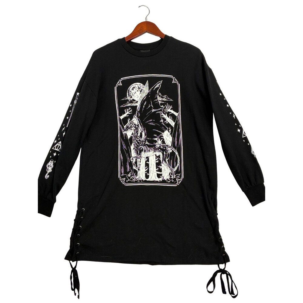 Harry Potter Black Graphic Lace Up Tunic Sweatshirt Dress Women's M Gothic